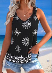 Black Tummy Coverage Tribal Print Sleeveless Tank Top