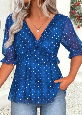 Dark Blue Peplum Polka Dot Half Sleeve Blouse