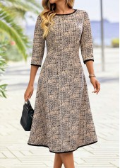 Light Camel Tummy Coverage 3/4 Sleeve Round Neck Dress