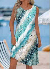 Multi Color Ocean Print Sleeveless Round Neck Dress