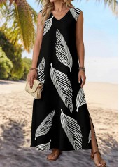 Black Split Leaf Print Maxi Sleeveless V Neck Dress