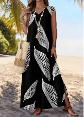 Black Split Leaf Print Maxi Sleeveless V Neck Dress | thumb picture 