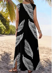 Black Split Leaf Print Maxi Sleeveless V Neck Dress | thumb picture 