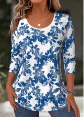 Blue Tummy Coverage Leaf Print Long Sleeve T Shirt