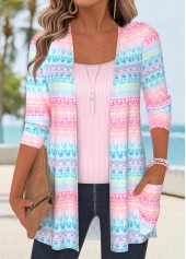 Multi Color Tummy Coverage Geometric Print 3/4 Sleeve Coat