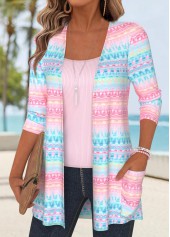 Multi Color Tummy Coverage Geometric Print 3/4 Sleeve Coat | thumb picture 