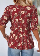 Wine Red Tummy Coverage Floral Print Half Sleeve Blouse | thumb picture 