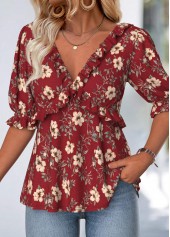 Wine Red Tummy Coverage Floral Print Half Sleeve Blouse | thumb picture 