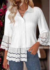 White Tummy Coverage 3/4 Sleeve Turn Down Collar Shirt