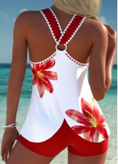 Circular Ring Mid Waisted Tropical Plants Print Tankini Set