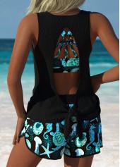 Three-piece Mid Waisted Marine Life Print Black Tankini Set