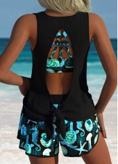 Three-piece Mid Waisted Marine Life Print Black Tankini Set | thumb picture 