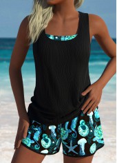 Three-piece Mid Waisted Marine Life Print Black Tankini Set | thumb picture 