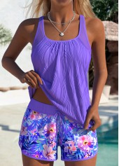 Tummy Coverage Mid Waisted Floral Print Purple Tankini Set