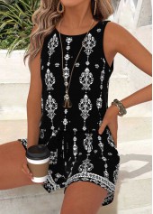 Black Tummy Coverage Tribal Print Sleeveless Tank Top