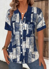 Navy Tummy Coverage Geometric Print Short Sleeve Shirt