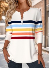 Multi Color Button Striped Long Sleeve Split Neck Blouse