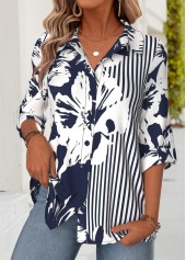 Navy Tummy Coverage Floral Print 3/4 Sleeve Shirt