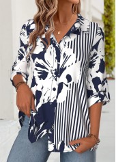 Navy Tummy Coverage Floral Print 3/4 Sleeve Shirt | thumb picture 