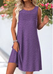 Dark Purple Tuck Stitch Short Sleeveless Round Neck Dress