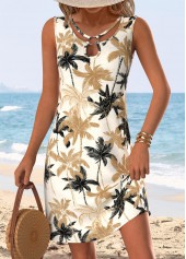 Light Camel Circular Ring Tropical Plants Print Short Dress