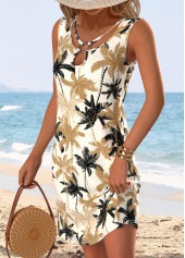 Light Camel Circular Ring Tropical Plants Print Short Dress | thumb picture 