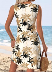 Light Camel Circular Ring Tropical Plants Print Short Dress | thumb picture 