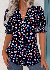 Multi Color Tummy Coverage Heart Print Short Sleeve Blouse