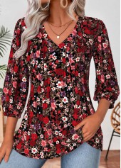 Deep Red Tummy Coverage Floral Print 3/4 Sleeve Blouse