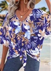 Purplish Blue Tummy Coverage Tropical Plants Print T Shirt