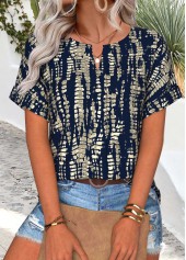 Navy Tummy Coverage Geometric Print Short Sleeve Blouse