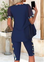 Navy Tummy Coverage Leaf Print Skinny TOP and Shorts | thumb picture 