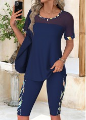 Navy Tummy Coverage Leaf Print Skinny TOP and Shorts | thumb picture 