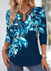 Blue Tummy Coverage Floral Print Long Sleeve T Shirt