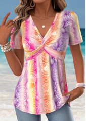 Pink Tummy Coverage Tribal Print Short Sleeve T Shirt