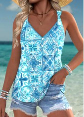 Light Blue Tummy Coverage Tribal Print Sleeveless Tank Top