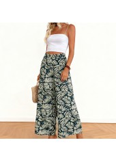 Turquoise Flowy Leaf Print Wide Leg Zipper Fly Pants