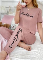 Pink Letter Print Short Sleeve Lounge Top and Pants
