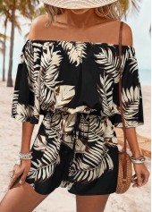 Black Lace Up Leaf Print Short Half Sleeve Romper