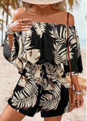 Black Lace Up Leaf Print Short Half Sleeve Romper | thumb picture 