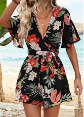 Black Surplice Floral Print Short Belted V Neck Romper