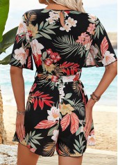 Black Surplice Floral Print Short Belted V Neck Romper | thumb picture 