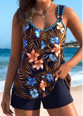 Tummy Coverage Mid Waisted Tropical Plants Print Tankini Set