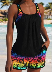 Tummy Coverage Mid Waisted Leaf Print Black Tankini Set | thumb picture 