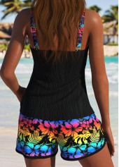 Tummy Coverage Mid Waisted Leaf Print Black Tankini Set | thumb picture 