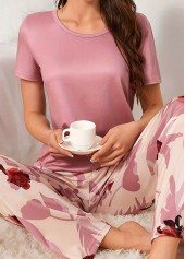 Pink Floral Print Short Sleeve Lounge Top and Pants