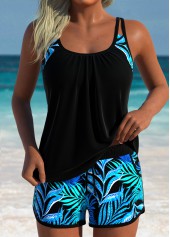 Layered Mid Waisted Tropical Plants Print Black Tankini Set