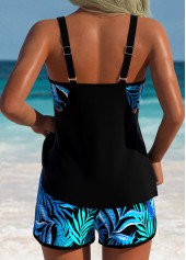 Layered Mid Waisted Tropical Plants Print Black Tankini Set | thumb picture 
