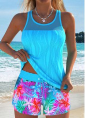 Tummy Coverage Mid Waisted Floral Print Blue Tankini Set