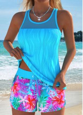 Tummy Coverage Mid Waisted Floral Print Blue Tankini Set | thumb picture 